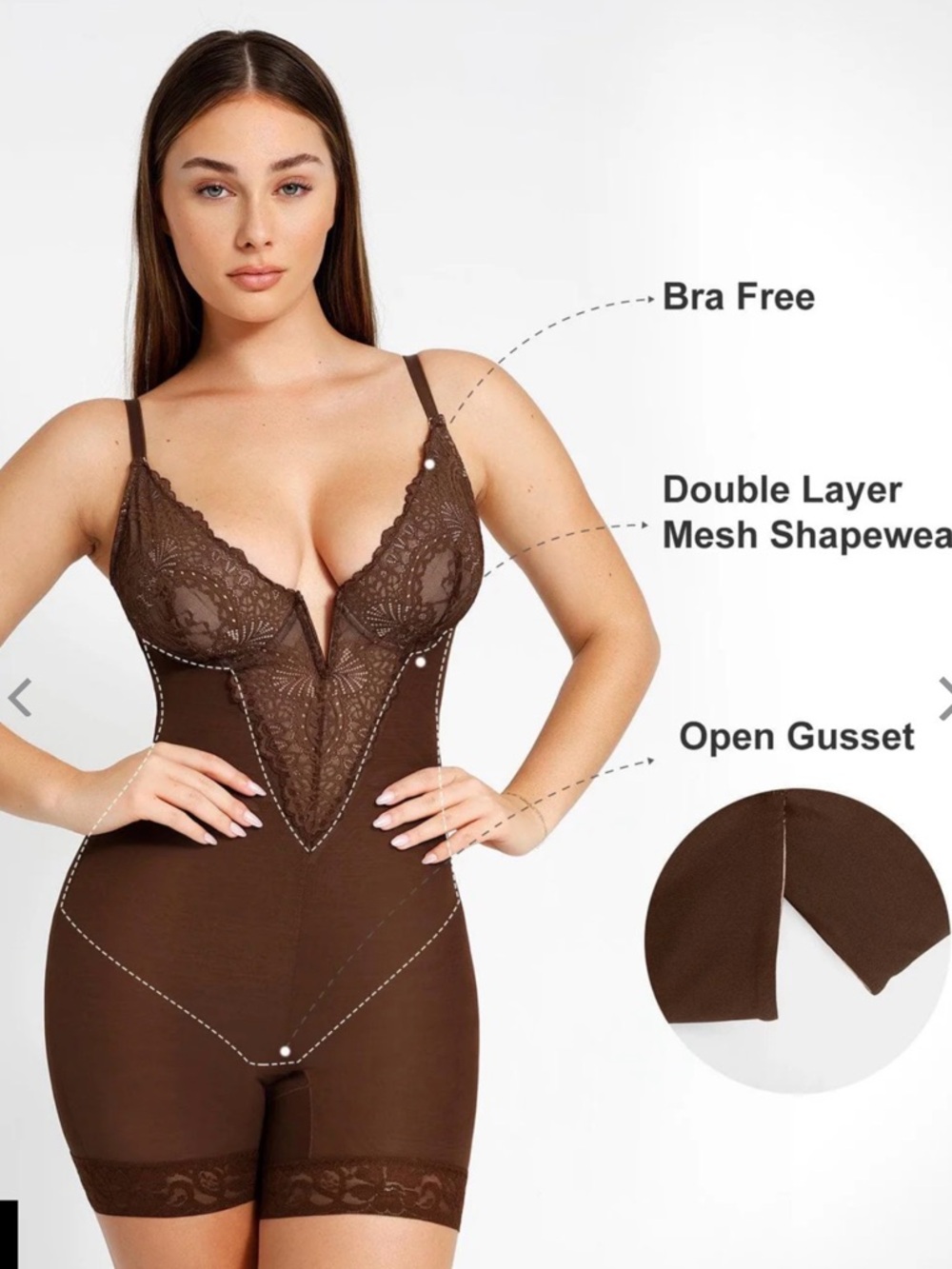 Popilush 3X Bodysuit Shape-wear Lace Deep V-Neck Sculpting Mid-Thigh NWT
